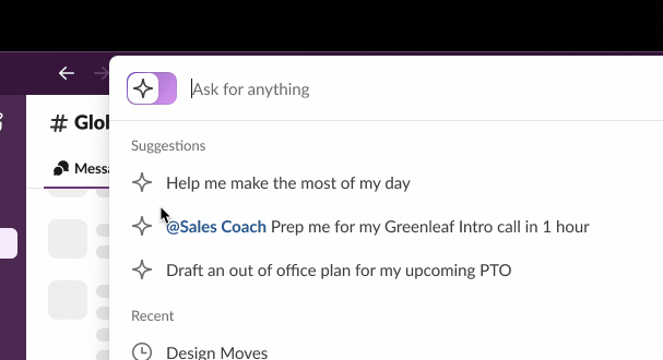 Slack omniswitcher with a toggle between traditional search and agentic search, suggesting conversational prompts