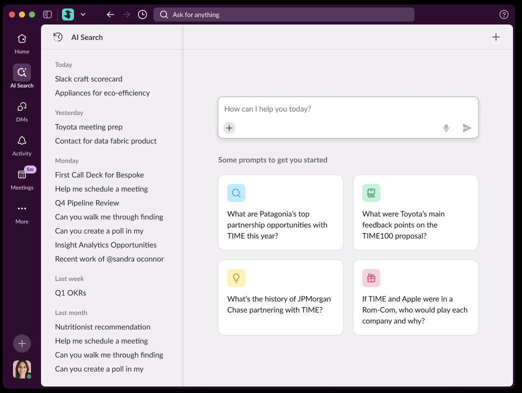 Full-screen AI Search workspace with a centered input, suggested prompt cards, and a left rail of chat history grouped by day