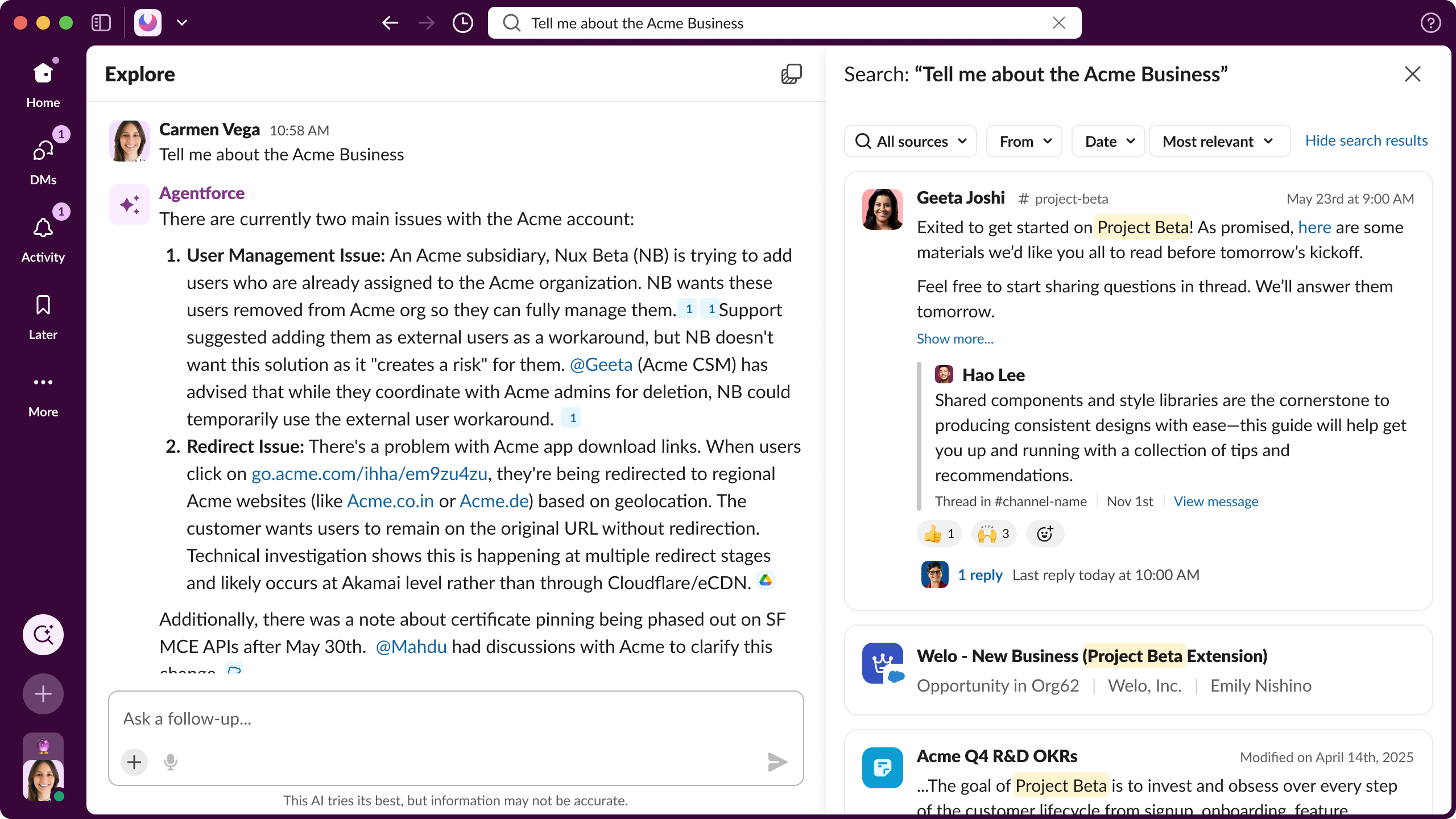 Layout exploration: agentic answer pane on the left, search results on the right