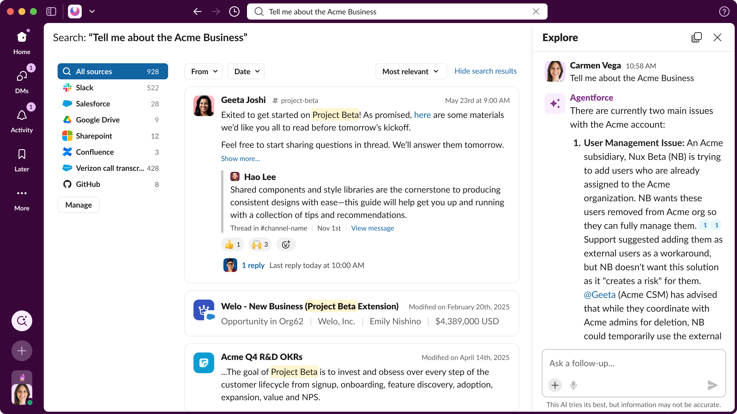 Layout exploration: agentic answer pane on the right, search results on the left