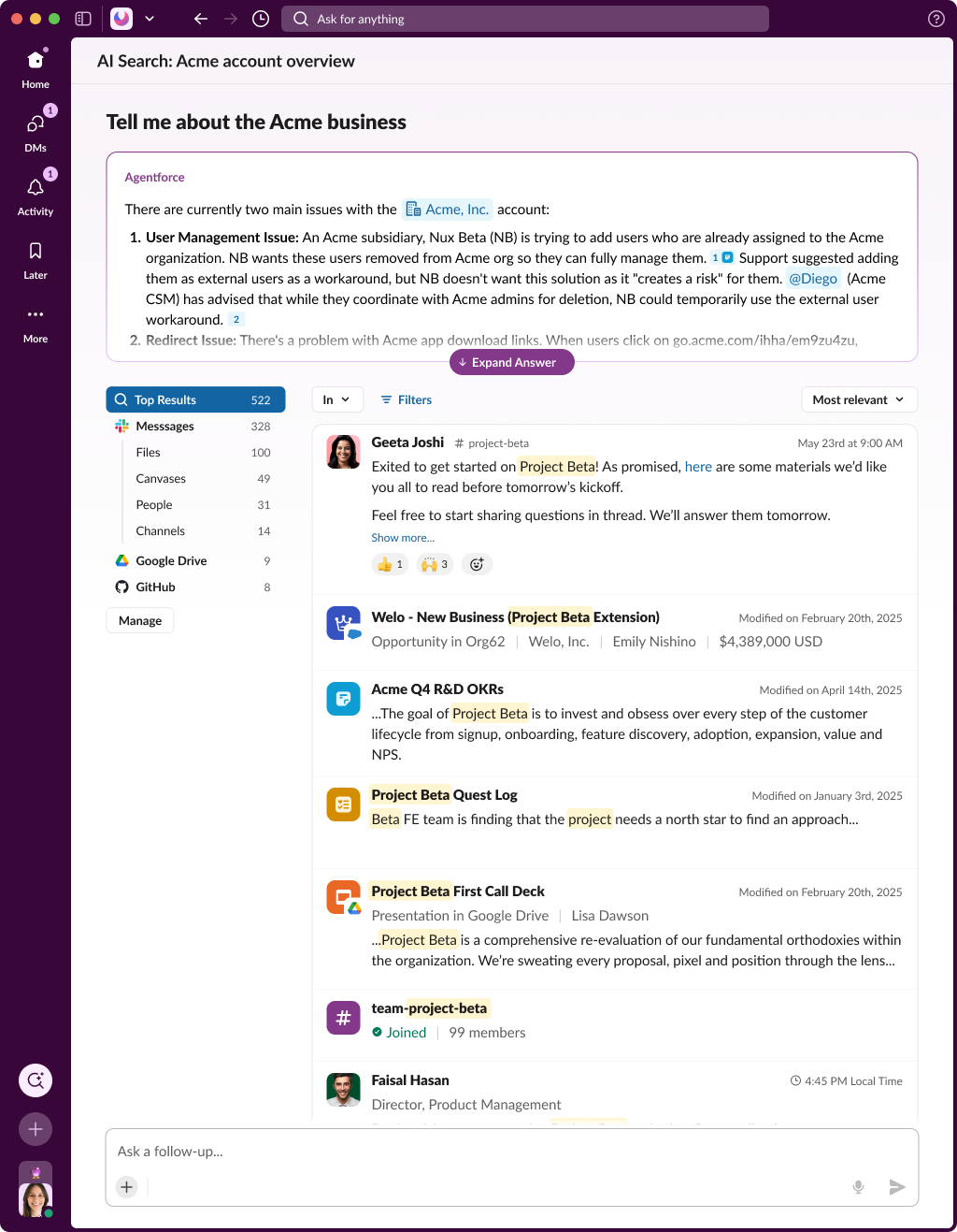 Pilot product: unified search with cross-ranked results from Slack, Salesforce, Google Drive, GitHub, and other connected sources
