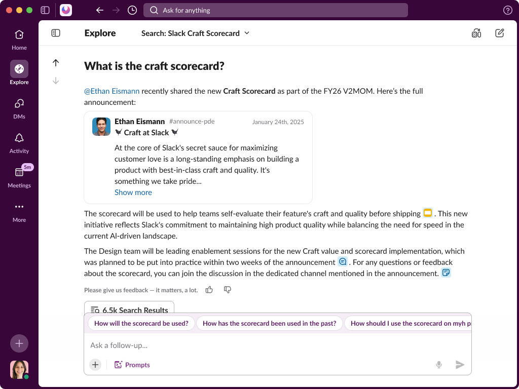 Internal Slack prototype: AI answer with key-message unfurl, citations, and LLM-generated follow-up suggestions
