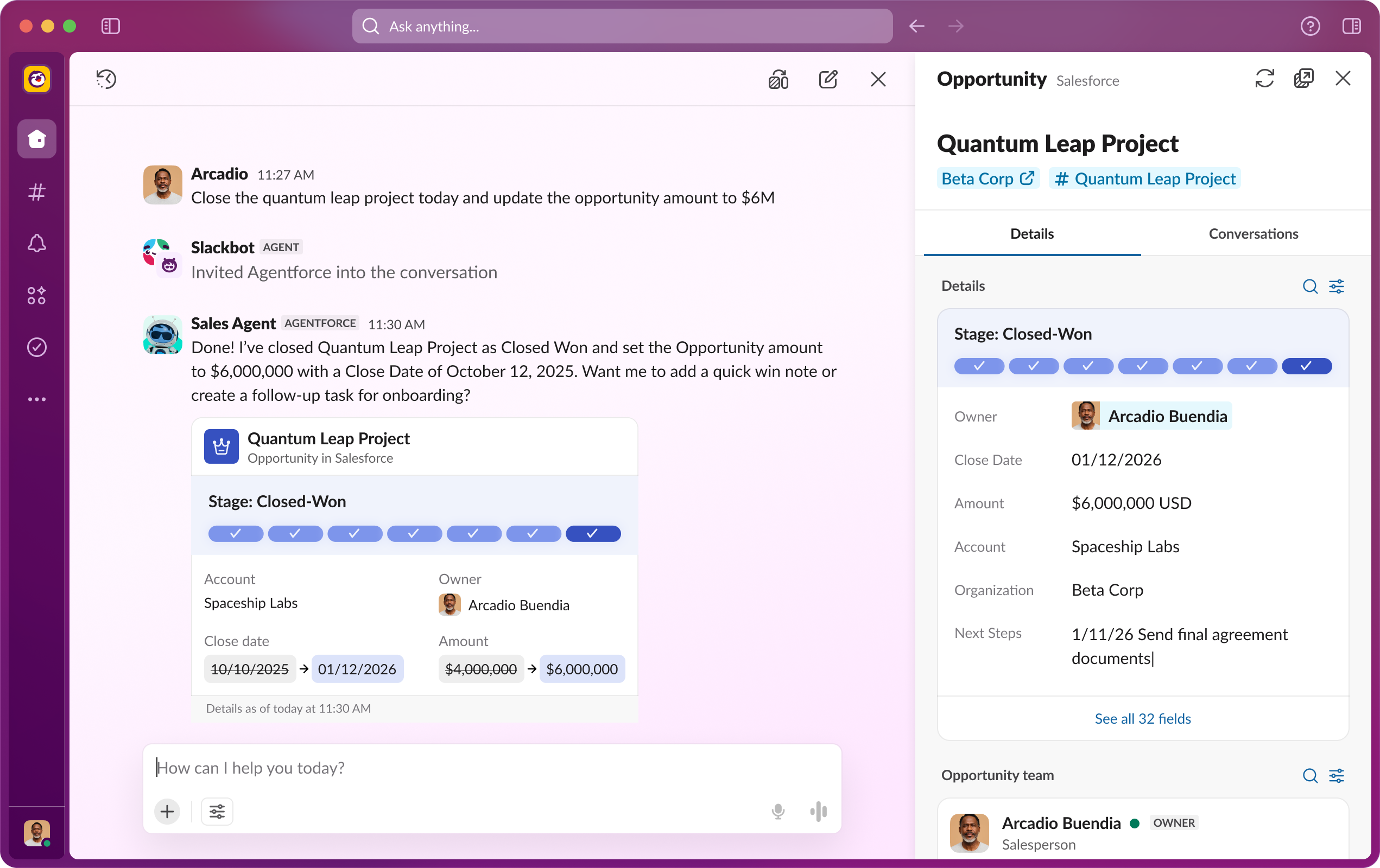 Slackbot end-state: agent-to-agent handoff closing an opportunity, with record details and editable transactional confirmations