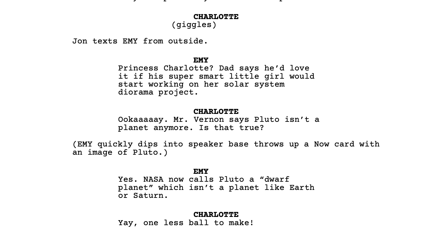 A page from the EMY script — behavior encoded in stage directions