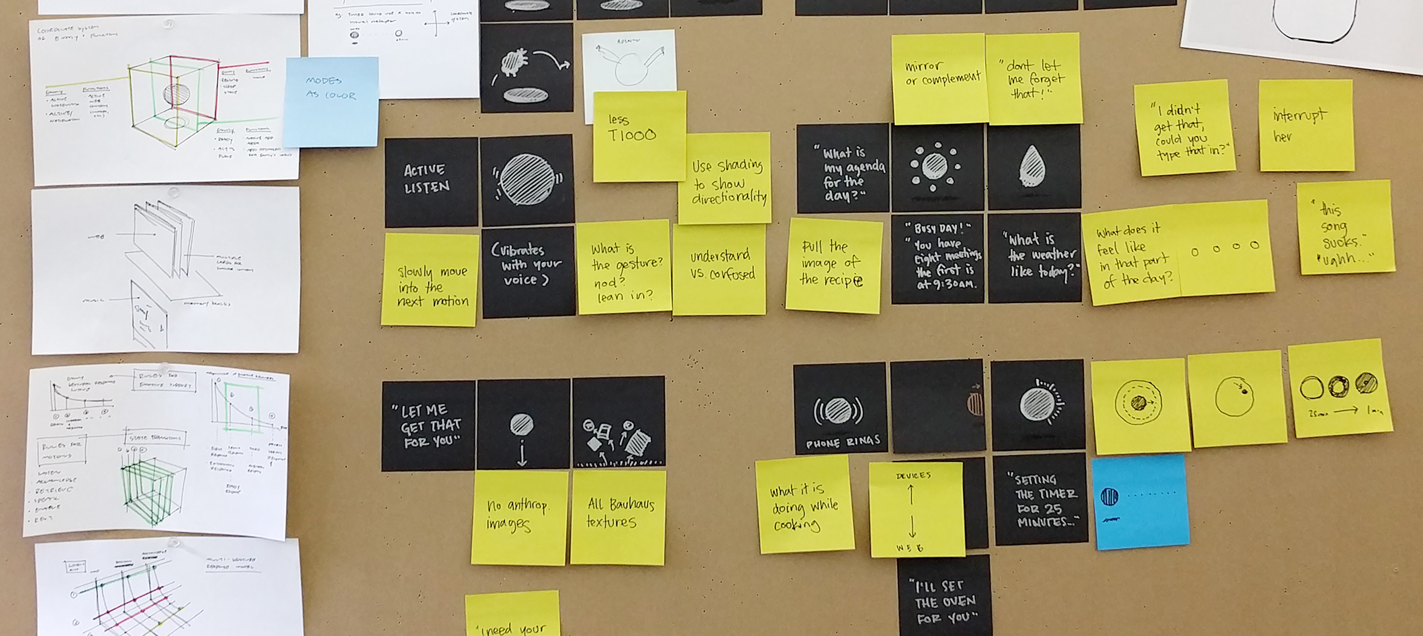 Detail from the brainstorm wall — scenario fragments before they became scenes