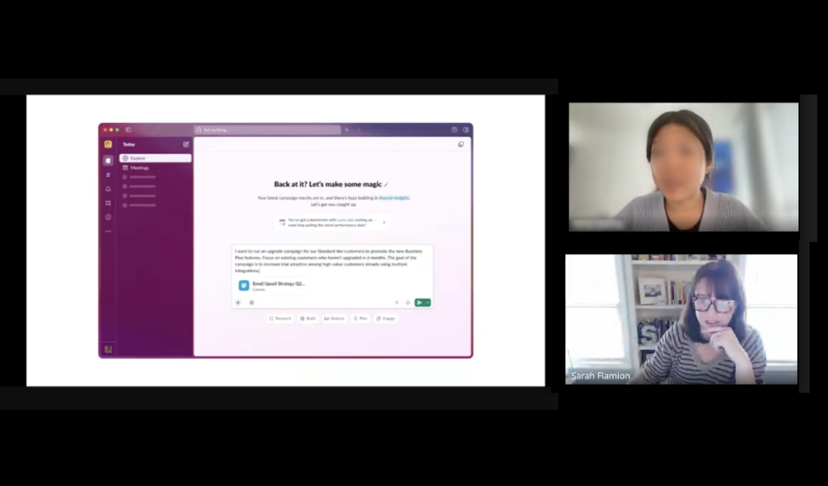 Video call from a customer feedback session walking through an early Slack agent prototype