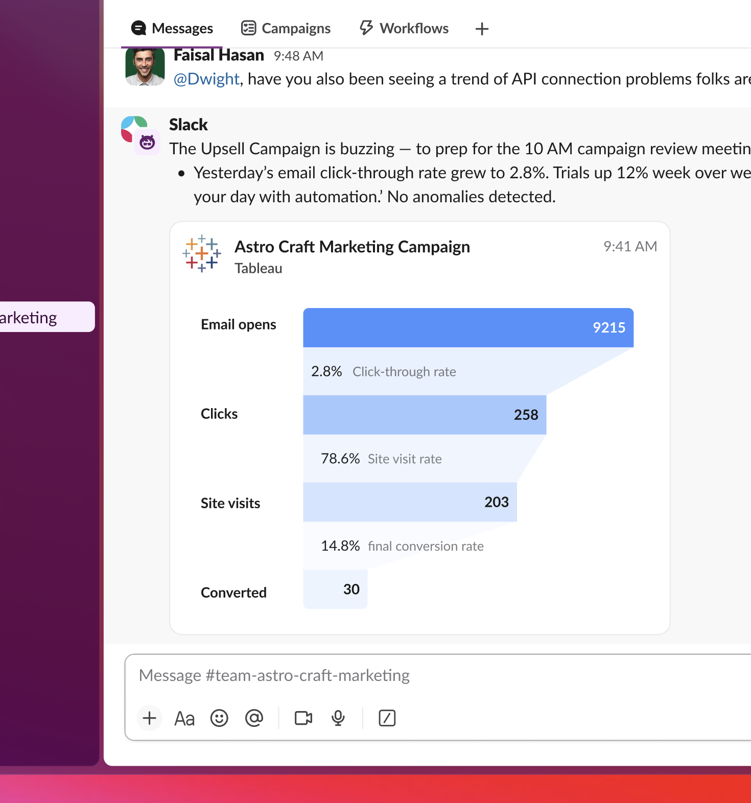 Campaign metrics from Tableau surfaced directly in channel
