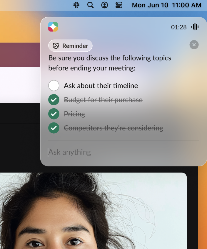 Meeting prep reminder with discussion topics before a call