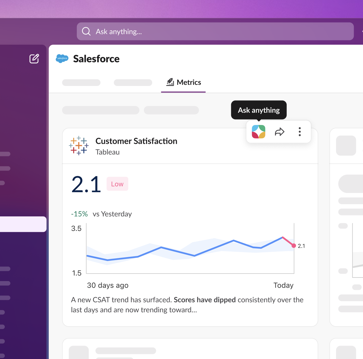 CSAT metrics dashboard with trend detection in Slack