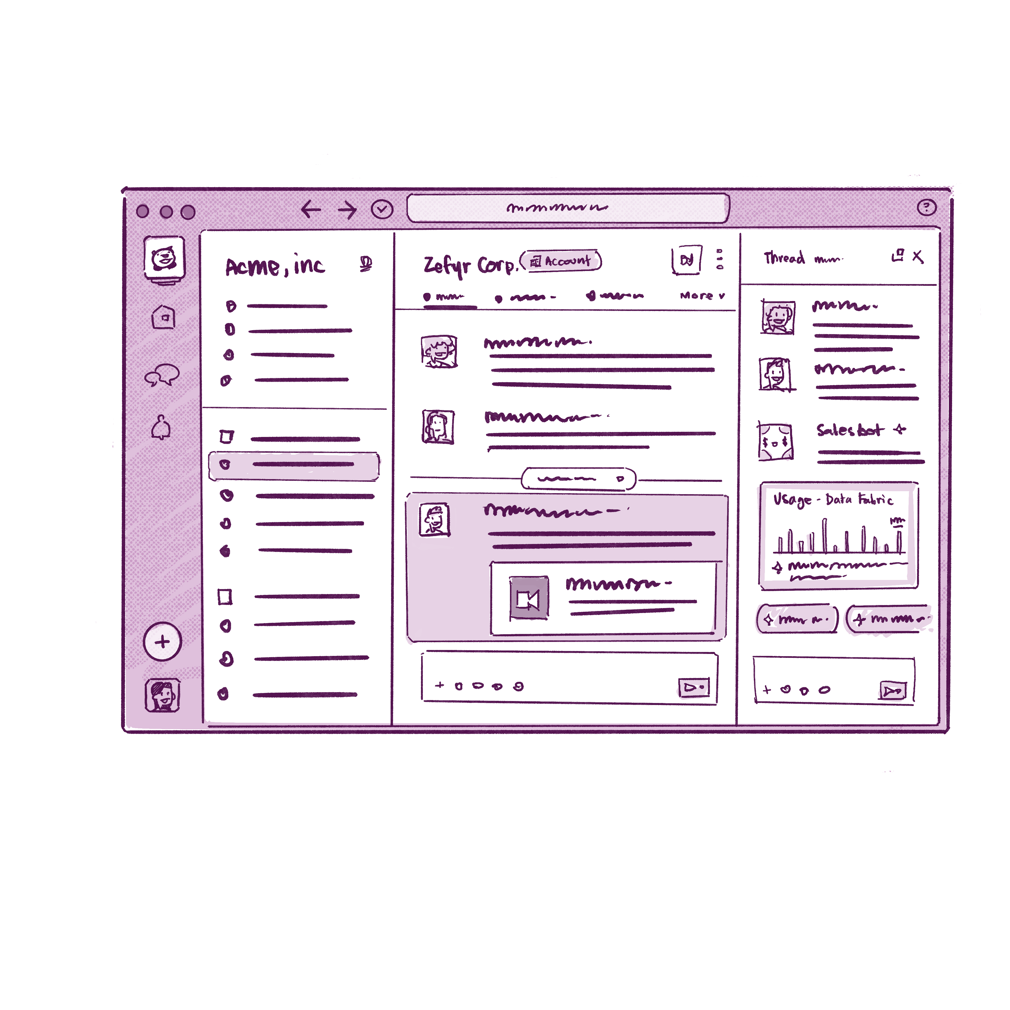 Sketch of a three-pane Slack layout with account channels, thread with a 'Salesbot' agent, and a usage chart in the right rail