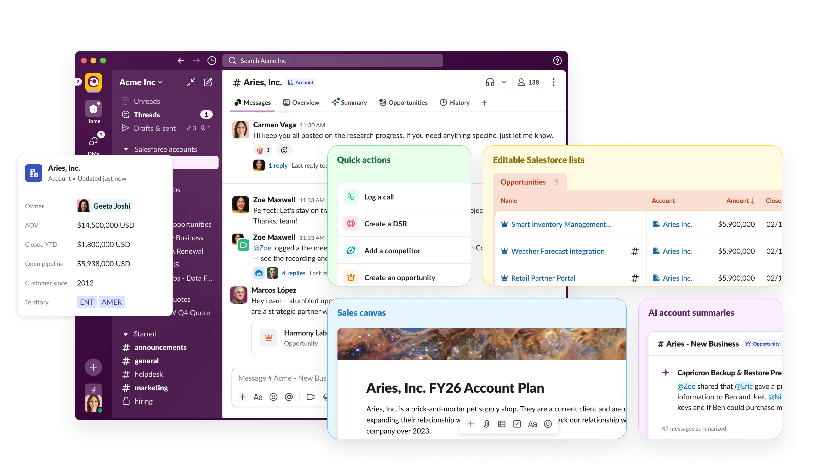 Channel tabs — opportunities, AI summaries, synced lists, inline actions