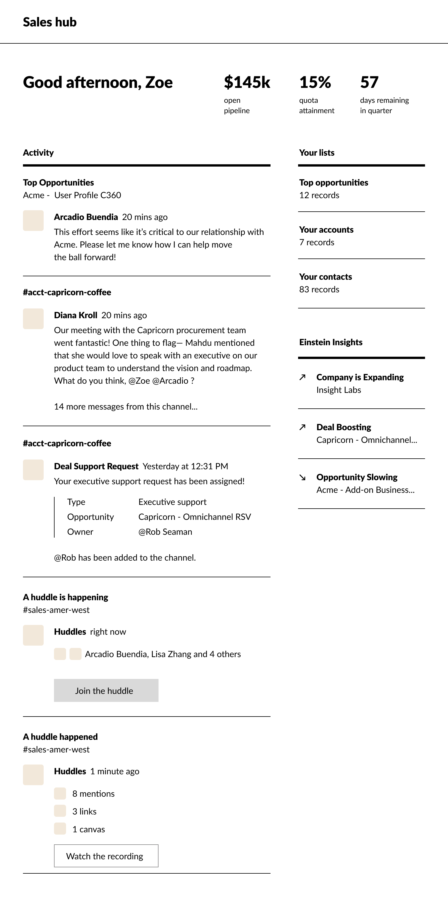 Early Sales Home wireframe — pipeline, activity, lists, and Einstein Insights in grayscale